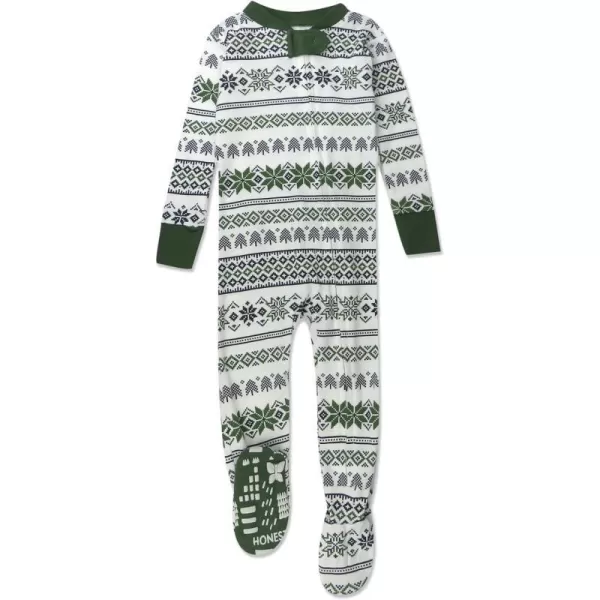 HonestBaby NonSlip Footed Holiday Pajamas OnePiece Sleeper ZipFront Pjs Organic Cotton for Baby Boys Girls UnisexFair Isle Green