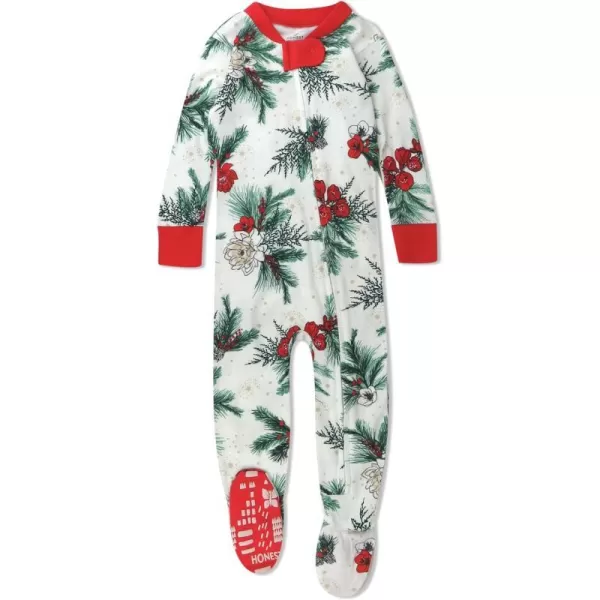 HonestBaby NonSlip Footed Holiday Pajamas OnePiece Sleeper ZipFront Pjs Organic Cotton for Baby Boys Girls UnisexHoliday Pine Floral