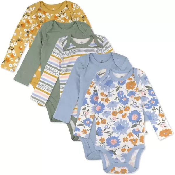 HonestBaby babygirls Multipack Long Sleeve Bodysuits Onepiece Organic Cotton for Infant Baby Girls Legacy5pack Painterly Floral Blue