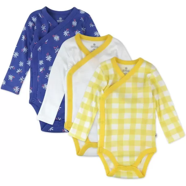 HonestBaby unisexbaby 3pack Long Sleeve Sidesnap Organic Cotton Kimono Bodysuits for Infant Baby Boys LegacyBaby Daisy Violet