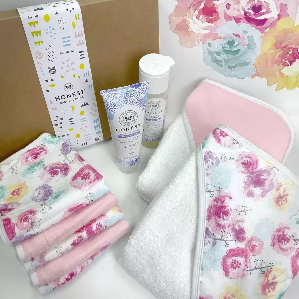 HonestBaby 9Piece Bubbles and Cuddles Gift Set Bath and Lotion 100 Organic Cotton for Infant Baby Boys Girls UnisexRose Blossom