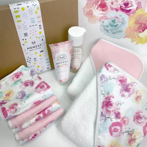 HonestBaby 9Piece Bubbles and Cuddles Gift Set Bath and Lotion 100 Organic Cotton for Infant Baby Boys Girls UnisexRose BlossomAlmond