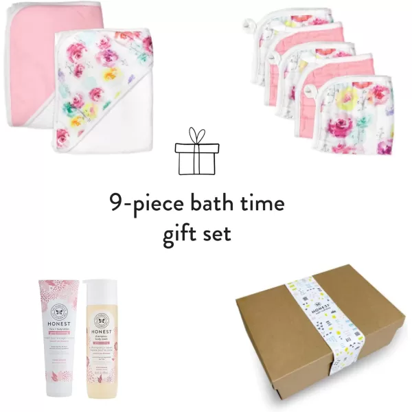 HonestBaby 9Piece Bubbles and Cuddles Gift Set Bath and Lotion 100 Organic Cotton for Infant Baby Boys Girls UnisexRose BlossomAlmond