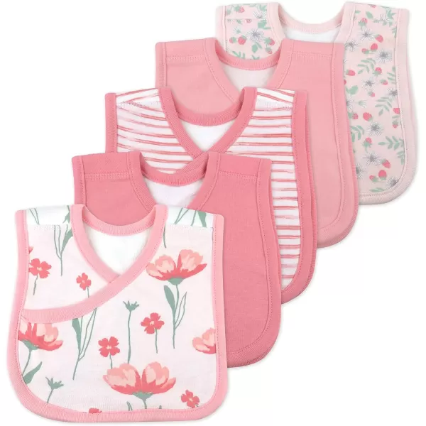 HonestBaby Multipack Reversible 4in1 Bibs Absorbent Terry and Knit 100 Organic Cotton Infant Baby Boys Girls Unisex5pack Strawberry Pink Floral