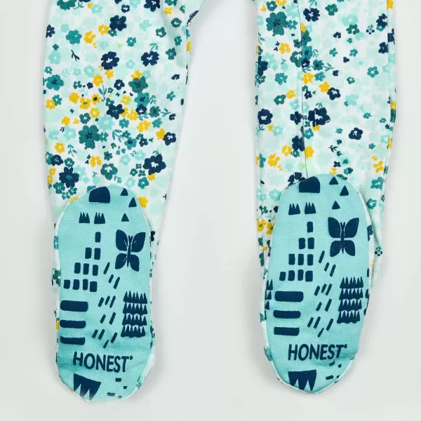HonestBaby NonSlip Footed Pajamas OnePiece Sleeper Jumpsuit ZipFront 100 Organic Cotton PJs 100 for Baby Girls LEGACY2pack Floral Clusters Aqua Blue