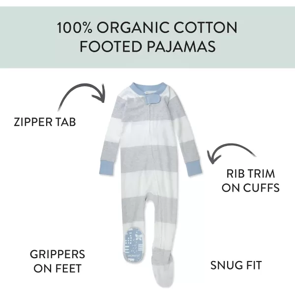 HonestBaby NonSlip Footed Pajamas OnePiece Sleeper Jumpsuit ZipFront PJs 100 Organic Cotton for Baby BoysRugby Stripe Light Grey Heather
