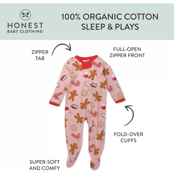HonestBaby Sleep and Play Footed Holiday Pajamas OnePiece Sleeper Zipfront Organic Cotton PJs Baby Boys Girls Unisex1 Gingerbread Pink