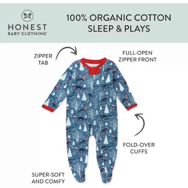 HonestBaby Sleep and Play Footed Holiday Pajamas OnePiece Sleeper Zipfront Organic Cotton PJs Baby Boys Girls Unisex1 Winter Dinoland