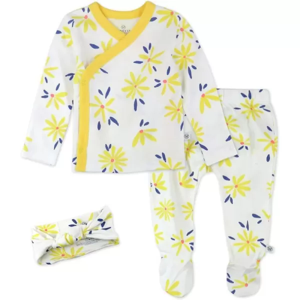 HonestBaby 3Piece Organic Cotton Kimono Top Footed Pant amp HeadbandBeanie Set LEGACYBaby Daisy White