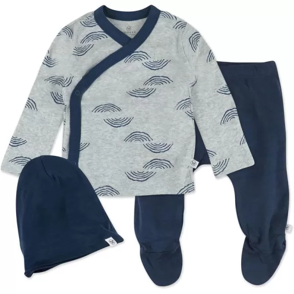 HonestBaby 3Piece Organic Cotton Kimono Top Footed Pant amp HeadbandBeanie Set LEGACYRainbow Geo Heather Gray