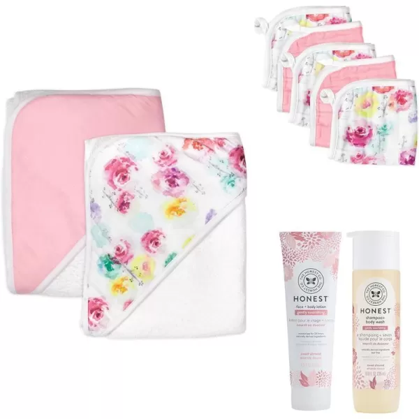 HonestBaby 9Piece Bubbles and Cuddles Gift Set Bath and Lotion 100 Organic Cotton for Infant Baby Boys Girls UnisexRose BlossomAlmond