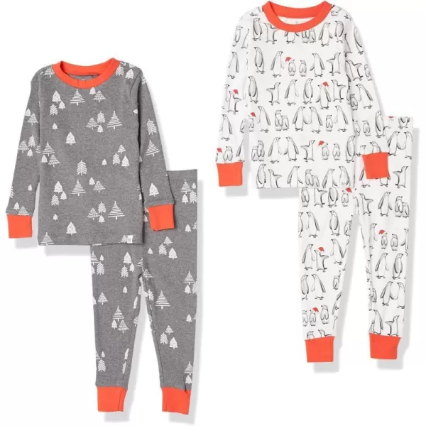 HonestBaby Multipack 2 4Piece Pajamas Sleepwear Holiday 100 Organic Cotton Infant Baby and Toddler Boys Girls UnisexPenguin Party