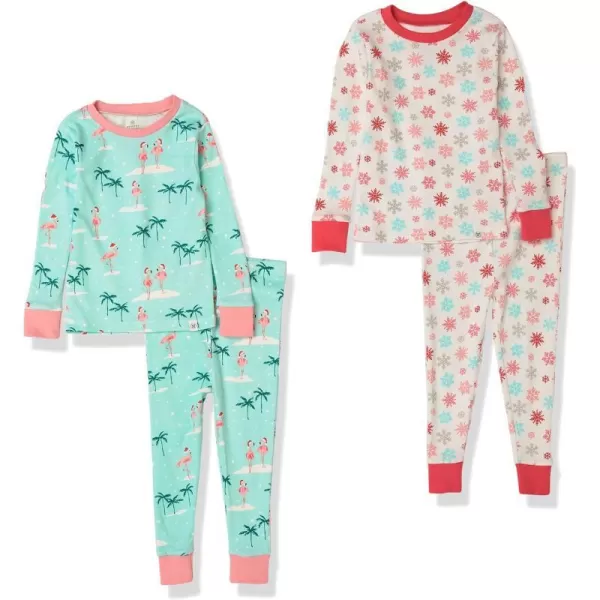HonestBaby Multipack 2 4Piece Pajamas Sleepwear Holiday 100 Organic Cotton Infant Baby and Toddler Boys Girls UnisexSanta Flamingo