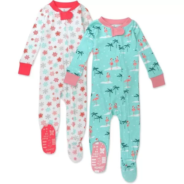 HonestBaby NonSlip Footed Holiday Pajamas OnePiece Sleeper ZipFront Pjs Organic Cotton for Baby Boys Girls Unisex2pack Santa Flamingo