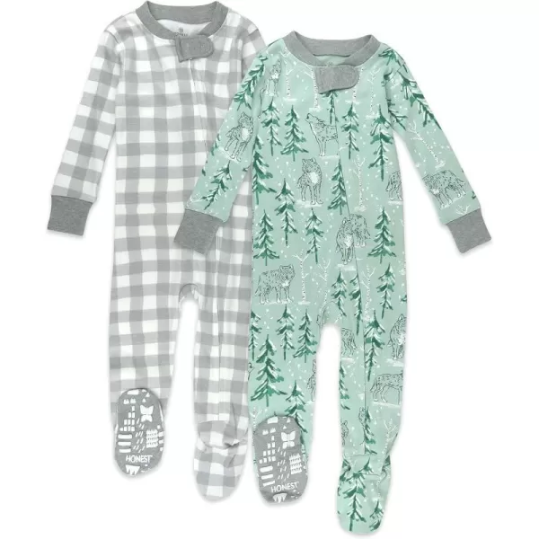 HonestBaby NonSlip Footed Holiday Pajamas OnePiece Sleeper ZipFront Pjs Organic Cotton for Baby Boys Girls Unisex2pack Wolf in the Woods