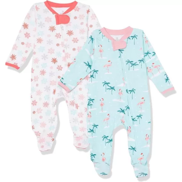 HonestBaby Sleep and Play Footed Holiday Pajamas OnePiece Sleeper Zipfront Organic Cotton PJs Baby Boys Girls Unisex2 Santa Flamingo