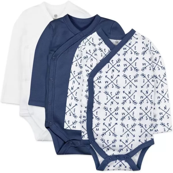 HonestBaby unisexbaby 3pack Long Sleeve Sidesnap Kimono Bodysuits Organic Cotton for Infant Baby Boys Girls UnisexCompass Blue