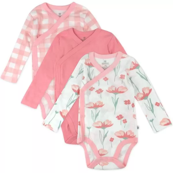 HonestBaby unisexbaby 3pack Long Sleeve Sidesnap Kimono Bodysuits Organic Cotton for Infant Baby Boys Girls UnisexStrawberry Pink Floral