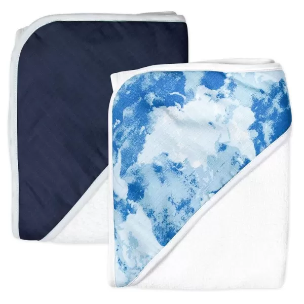 HonestBaby 2Pack Organic Cotton Hooded Towels Bright White One SizeWatercolor WorldNavy