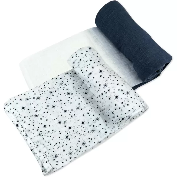 HonestBaby 3Pack Organic Cotton Swaddle Blankets Bright White One Size2pack Twinkle Star Navy