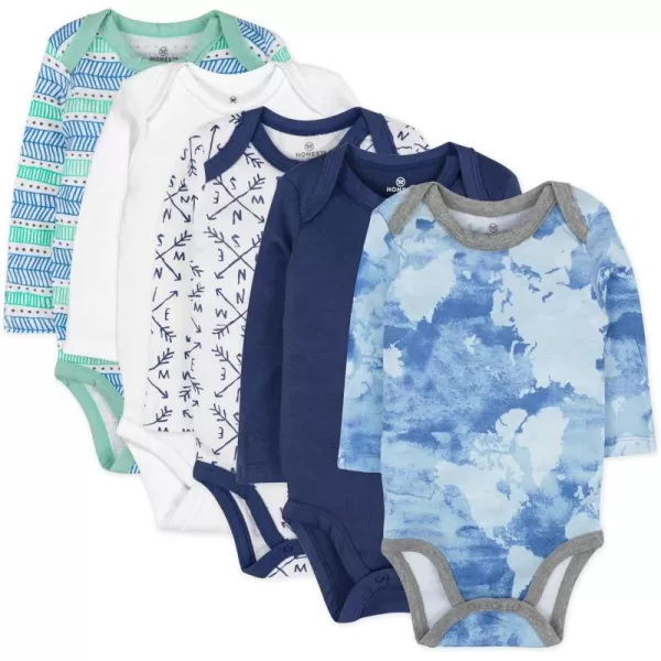 HonestBaby Baby Boys 5pack Long Sleeve Bodysuits Onepiece 100 Organic Cotton for Infant Baby Boys Unisex5pack Dots  Dashes