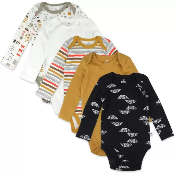 HonestBaby Baby Boys 5pack Long Sleeve Bodysuits Onepiece 100 Organic Cotton for Infant Baby Boys Unisex5pack Rainbow Geo Black