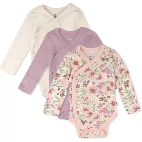 HonestBaby Baby Long Sleeve SideSnap Organic Cotton Kimono Bodysuits 3 PackPainted Floral Pink