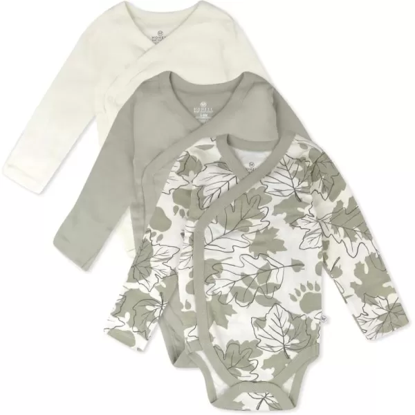 HonestBaby Baby Long Sleeve SideSnap Organic Cotton Kimono Bodysuits 3 PackPaw Leaves