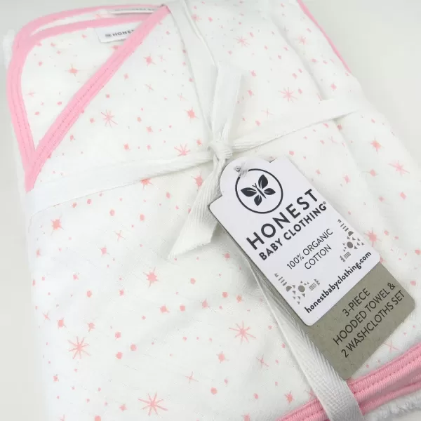 HonestBaby unisex baby 3Piece Organic Cotton Hooded Towel ampamp Washcloth Set Bandana Bright White One Size USTwinkle Star WhitePink