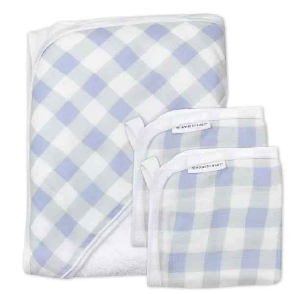 HonestBaby unisex baby 3Piece Organic Cotton Hooded Towel ampamp Washcloth Set Bandana Bright White One Size USBlue Painted Buffalo Check