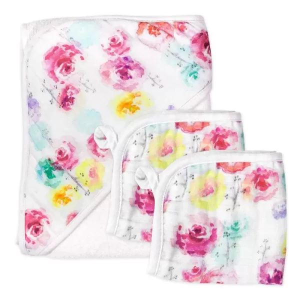 HonestBaby unisex baby 3Piece Organic Cotton Hooded Towel ampamp Washcloth Set Bandana Bright White One Size USRose Blossom