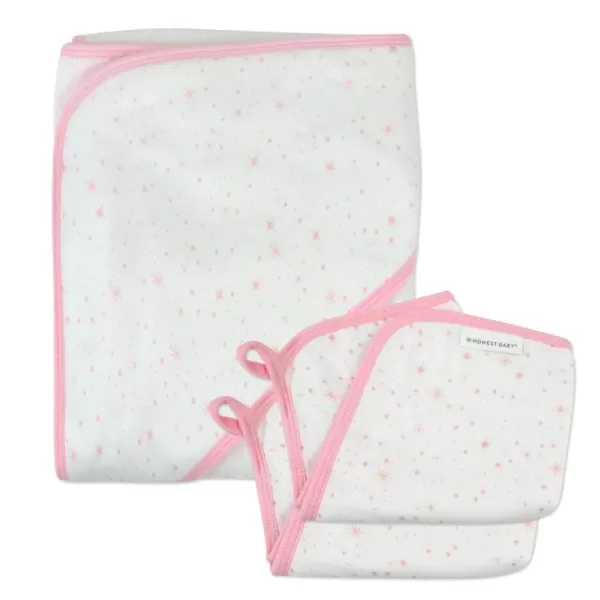 HonestBaby unisex baby 3Piece Organic Cotton Hooded Towel ampamp Washcloth Set Bandana Bright White One Size USTwinkle Star WhitePink