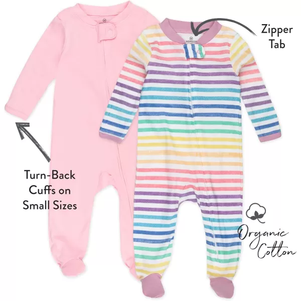 imageHonestBaby Baby Girls 2Pack Sleep and Play Footed Pajamas OnePiece Sleeper Jumpsuit Zipfront Pjs Organic CottonRainbowstripe