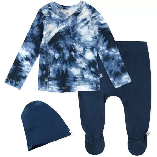imageHonestBaby 3Piece Organic Cotton Kimono Top Footed Pant ampamp HeadbandBeanie Set for Infant Baby Boys Girls UnisexTie Dye Blues