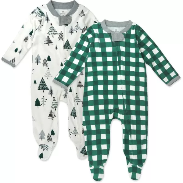 imageHonestBaby Baby 2Pack Holiday Sleep and Play Footed Holiday Pajamas Onepiece Sleeper Zipfront Organic Cotton PjsEmerald Forest