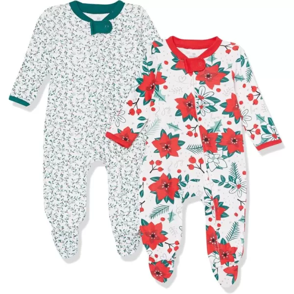 imageHonestBaby Baby 2Pack Holiday Sleep and Play Footed Holiday Pajamas Onepiece Sleeper Zipfront Organic Cotton PjsHoliday Floral