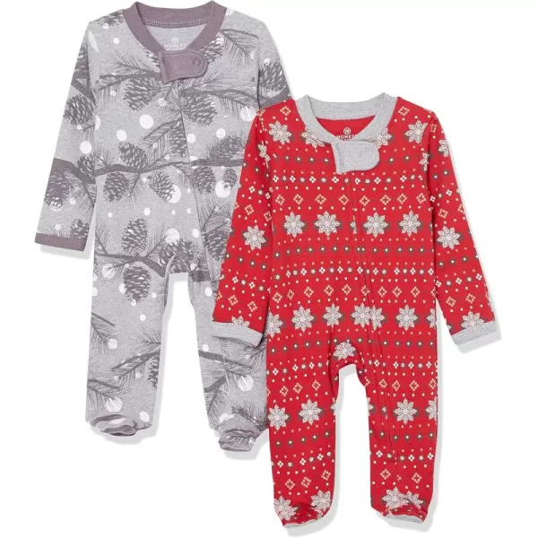 imageHonestBaby Baby 2Pack Holiday Sleep and Play Footed Holiday Pajamas Onepiece Sleeper Zipfront Organic Cotton PjsNight Pine