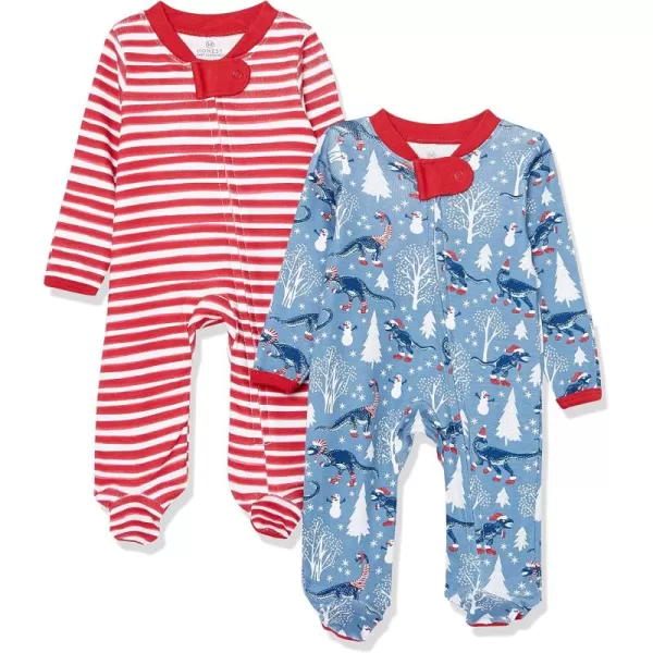 imageHonestBaby Baby 2Pack Holiday Sleep and Play Footed Holiday Pajamas Onepiece Sleeper Zipfront Organic Cotton PjsRoarin Rex