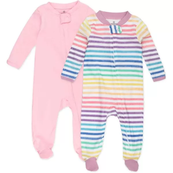 imageHonestBaby Baby Girls 2Pack Sleep and Play Footed Pajamas OnePiece Sleeper Jumpsuit Zipfront Pjs Organic CottonRainbowstripe