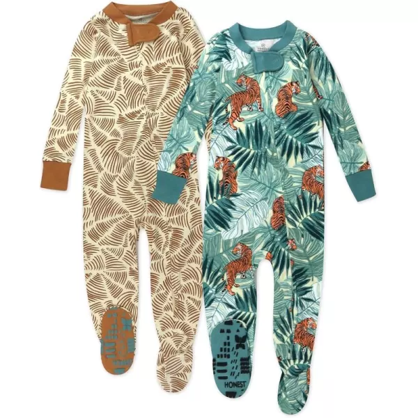 imageHonestBaby Baby Girls NonSlip Footed OnePiece ZipFront 100 Organic Cotton Pajamas Legacy2pack Tiger Time