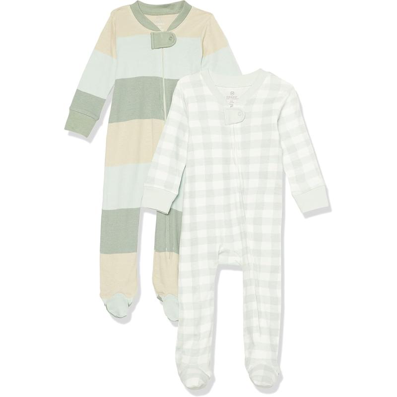 imageHonestBaby Baby Boys 2Pack Sleep and Play Footed Pajamas OnePiece Sleeper Jumpsuit Zipfront Pjs Organic CottonJumbo Ombre Stripe Sage