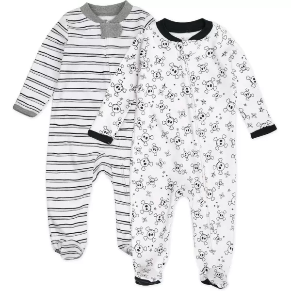 imageHonestBaby Baby Boys 2Pack Sleep and Play Footed Pajamas OnePiece Sleeper Jumpsuit Zipfront Pjs Organic CottonTossed SkullsSketchy Stripe