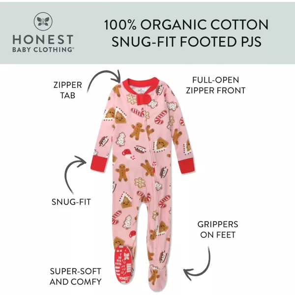 imageHonestBaby NonSlip Footed Holiday Pajamas OnePiece Sleeper ZipFront PJs Organic Cotton for Baby Boys GirlsGingerbread Pink