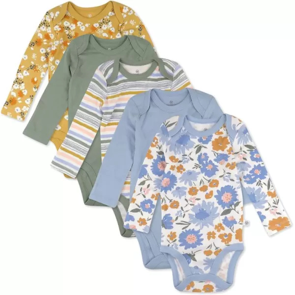 imageHonestBaby Baby Girls 5pack Long Sleeve Bodysuits Onepiece 100 Organic Cotton for Infant Baby Girls Unisex5pack Painterly Floral Blue