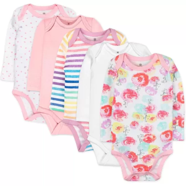 imageHonestBaby Baby Girls 5pack Long Sleeve Bodysuits Onepiece 100 Organic Cotton for Infant Baby Girls Unisex5pack Rose Blossom