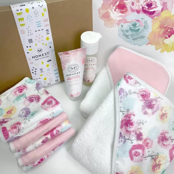 imageHonestBaby Baby 9Piece Bubbles and Cuddles 100 Organic Cotton Gift Set Bath and LotionRose BlossomAlmond