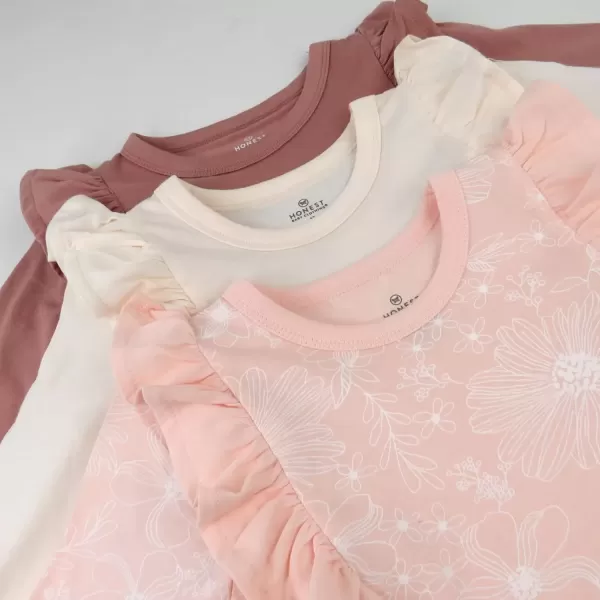 imageHonestBaby Girls 3 Pack Side Ruffle Top SetSketchy Floral Dusty Pink
