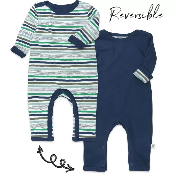 imageHonestBaby Baby Romper Coverall Sets OnePiece Jumpsuit Organic Cotton for Infant Baby Boys Girls ampamp Unisex LEGACYHand Drawn Nature Stripe Navy Reversible Coverall