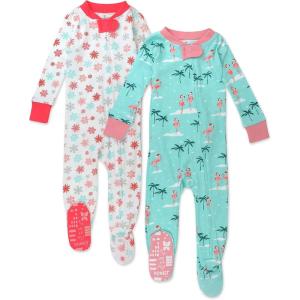 imageHonestBaby Baby Celebration NonSlip Footed Pajamas OnePiece Sleeper ZipFront Pjs 100 Organic Cotton2pack Santa Flamingo