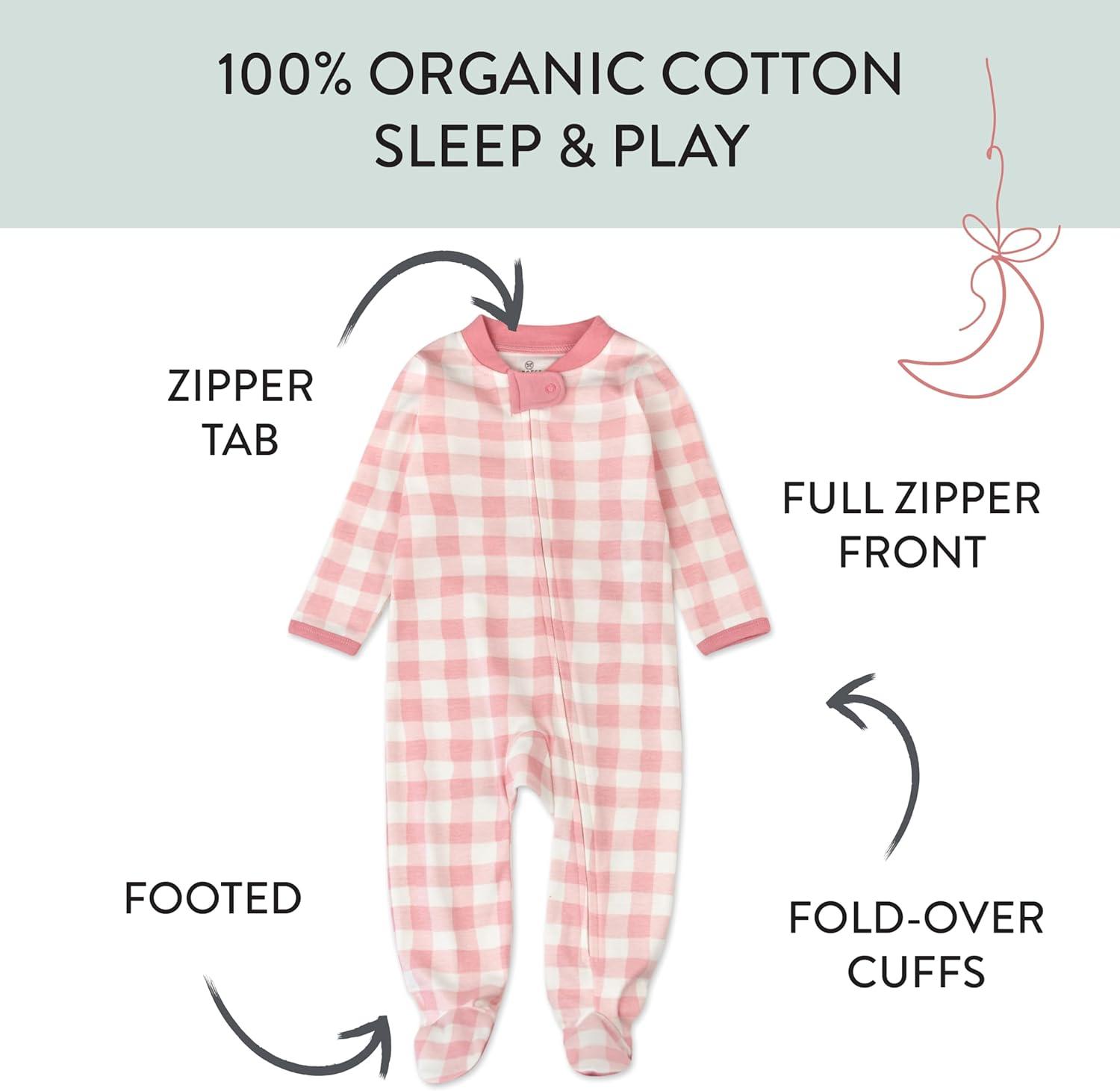 imageHonestBaby Sleep ampamp Play Footed OnePiece Pajama Sleeper 100 Organic Cotton Baby GirlsPink Check